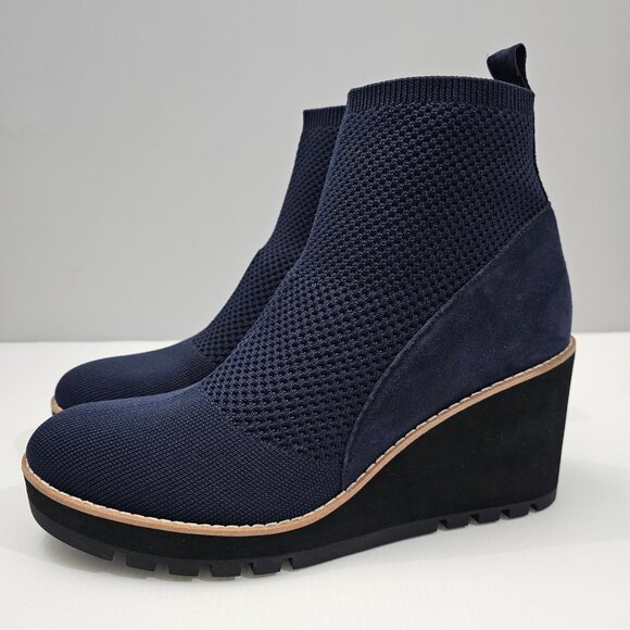 NEW Eileen Fisher Quill Ankle Bootie Size 10 Blue Knit Suede Wedge Platform - Picture 1 of 13